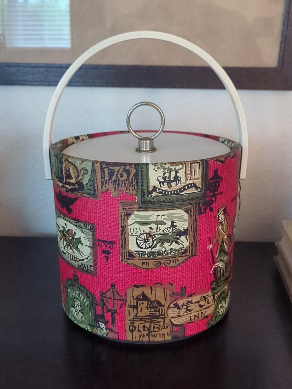 Vintage-Inspired Red Patterned Ice Bucket with White Handle